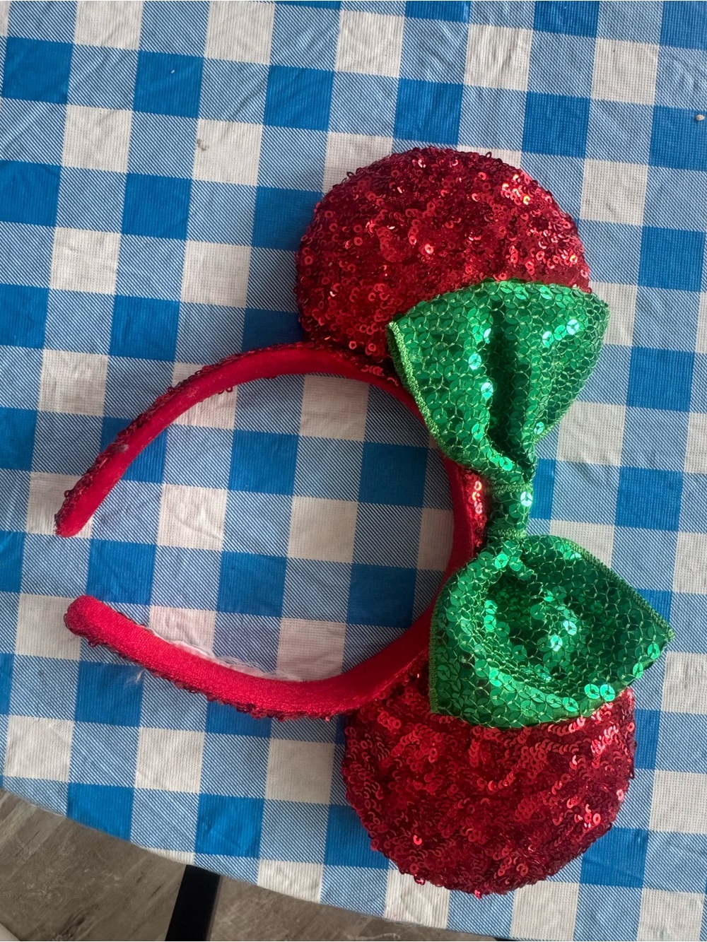 Disney Parks Christmas Minnie Mouse Ears Red Green Sequin Bow Holiday Headband
